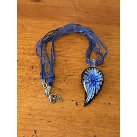 Art Glass Pendant Necklace Blue Floral + Extra Pendant Murano Style - Picture 2 of 15